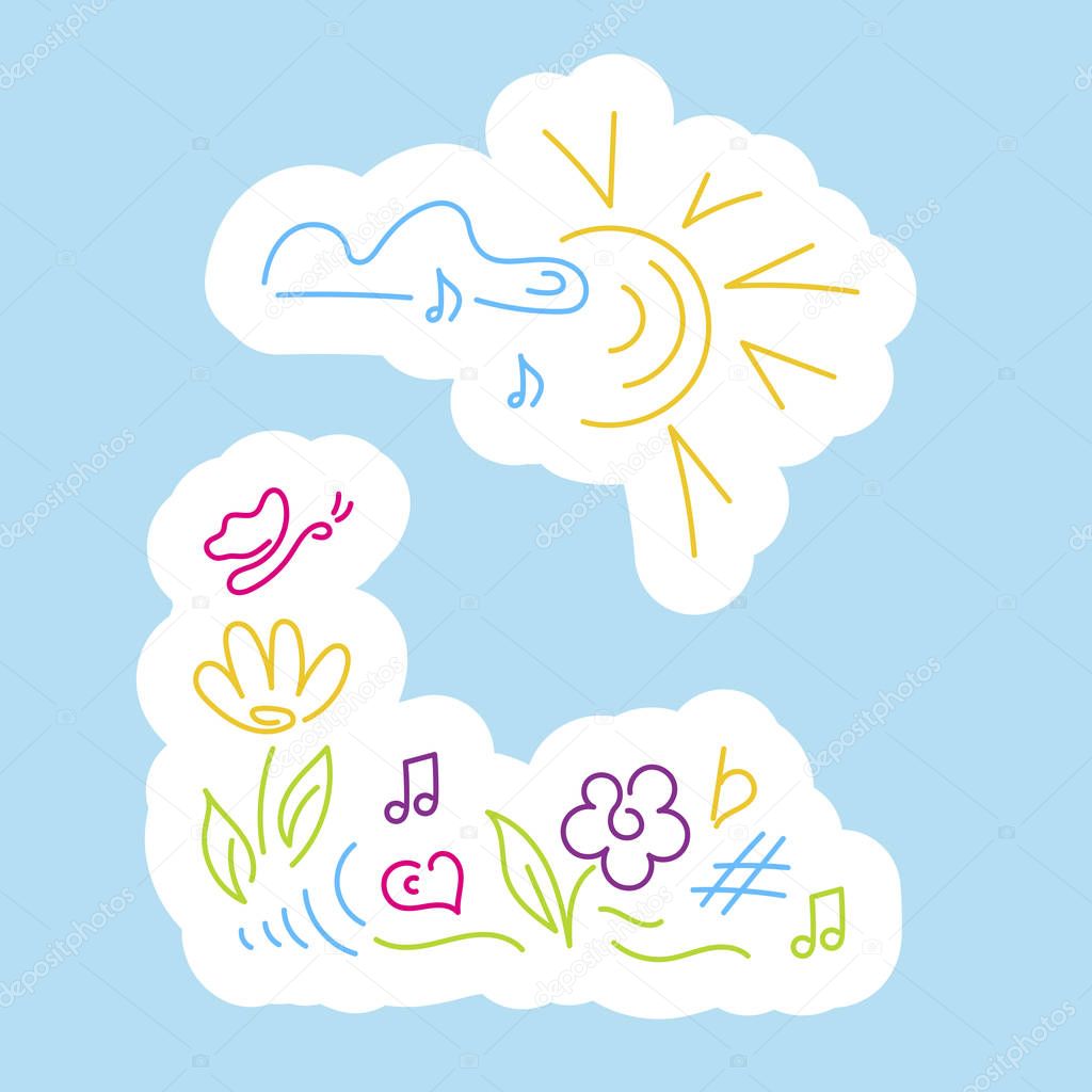 Stickers. Cloud, notes, sun, flower, butterfly, rainbow, musical notation