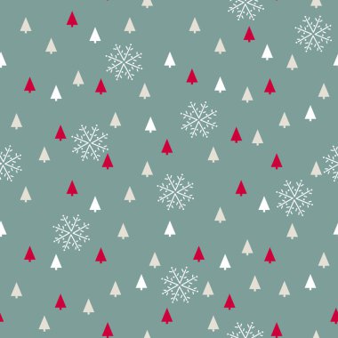 Noel kar taneleri ve küçük stilize Noel ağaçları siluetleri .