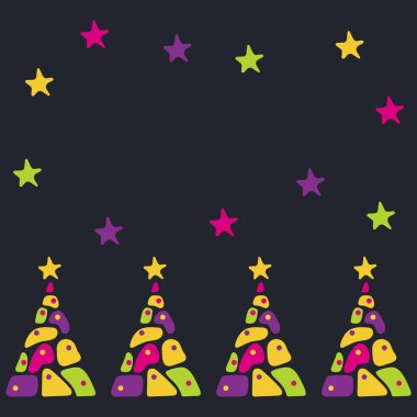 Trendy memphis 80s-90s tarzında soyut vektör kartı. Parlak Noel ağaçları, Mozaik.