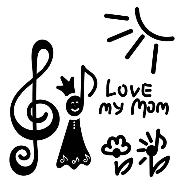 Desenho infantil. Nota musical Rainha, fenda agudo, sol, flores, mão lettering amor minha mãe . — Vetor de Stock