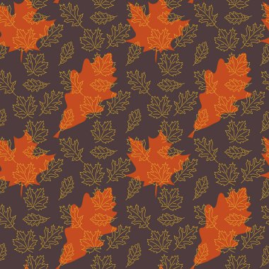 Bir sonbahar tema ile Doodle Dikişsiz desen . Koyu arka plan üzerinde elle çizilmiş çizgi tarzı akçaağaç ve meşe yaprakları.