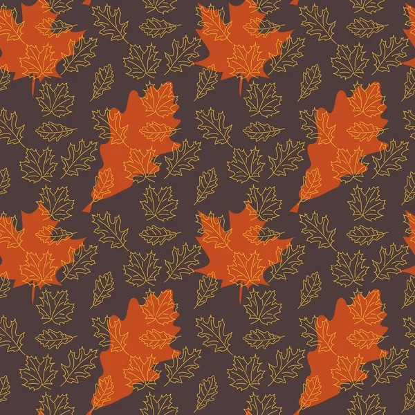 Doodle modello senza soluzione di continuità con un tema di autunno. Linea disegnata a mano stile acero e foglie di quercia su sfondo scuro . — Vettoriale Stock
