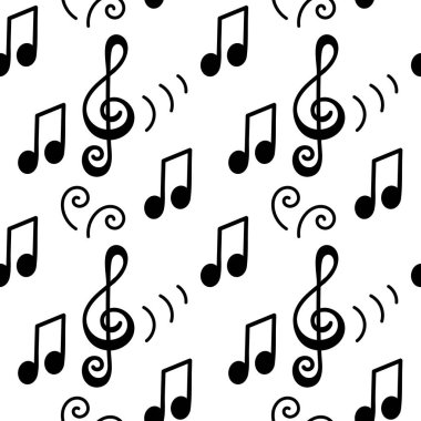 Vektör Dikişsiz desen Doodle tarzı, müzik notası, keman anahtarı, . Şablon tasarımı.