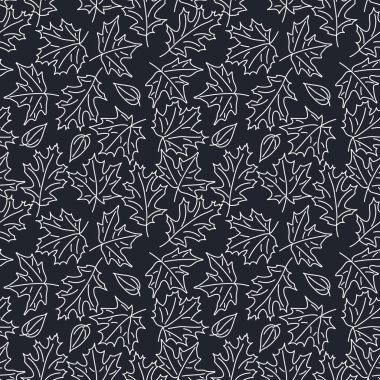 Sonbahar dikişsiz patern, konturlar beyaz yaprakları, koyu mavi arka plan, kumaşlar için tasarım,