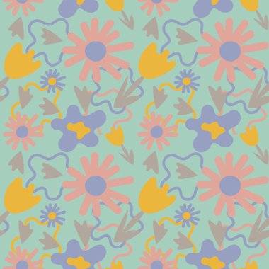 Yaprak ve çiçekler ile soyut dikişsiz desen. Modern tarzda elle çizilmiş vektör.