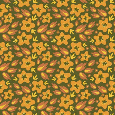 Çiçek dikişsiz desen. Vektör dokuları. Sonbahar çiçekleri , turuncu ve sarı tonları.