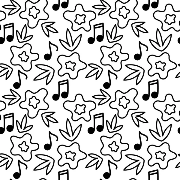 Fondo floral y musical sin costuras. Vector Patrón dibujado a mano, flores, hojas, notas musicales. Blanco y negro . — Vector de stock