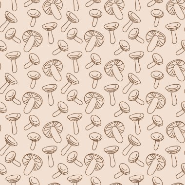 Mantar ile el çizilmiş dikişsiz desen. Grafik vektör illüstrasyon. pastel renk. Organik vejetaryen ürün