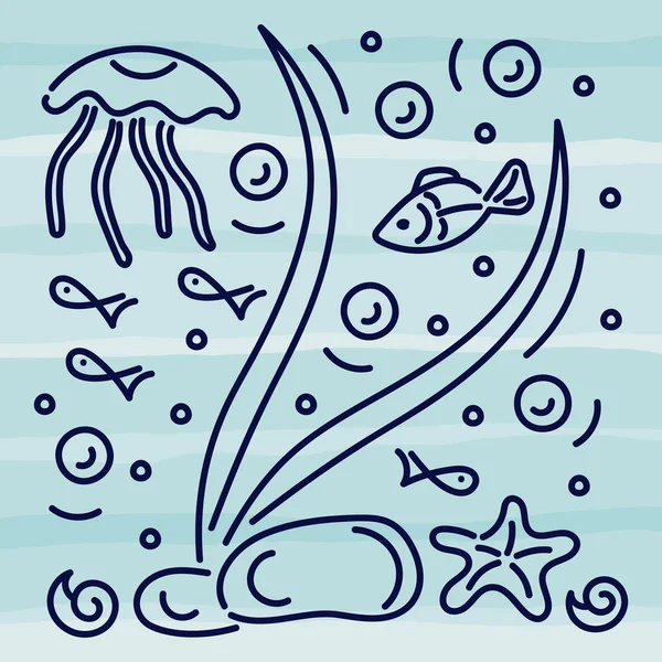 Doodle mão desenho ilustração. Mundo subaquático, mar, oceano, rio, plantas e peixes. medusas no fundo de ondas azuis. Gráficos em preto e branco. Vetor —  Vetores de Stock