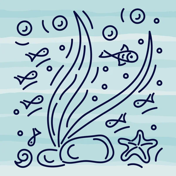 Doodle hand ritning illustration. Undervattensvärld, hav, hav, flod, växter och fisk på bakgrunden av blå vågor. Svartvit grafik. — Stock vektor