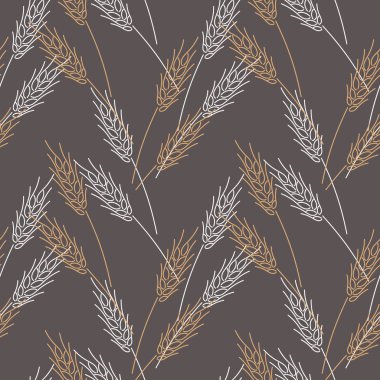 Koyu arka plan üzerinde buğday beyaz ve altın kulakları ile el çizilmiş desen . Vektör illüstrasyon. Kumaş, kumaş, yüzey tasarımı