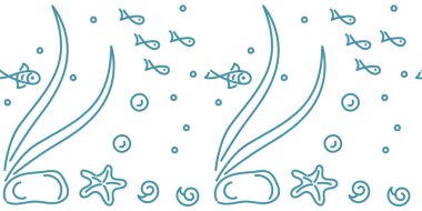 Doodle sorunsuz kenarlık . Sualtı dünyası, Deniz, okyanus, nehir, beyaz arka plan üzerinde bitkiler ve balık