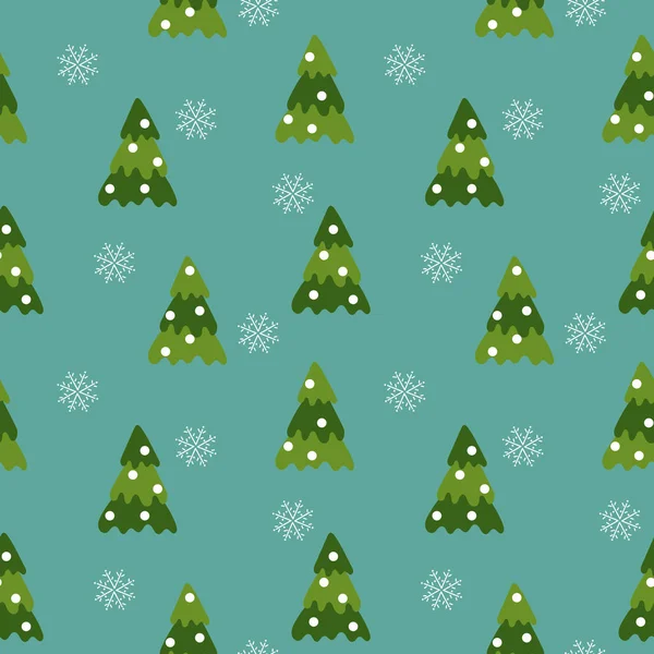 Vektor bezešvý vzor. Zelené vánoční stromky a padající sněhové vločky na modrém pozadí. Design pro tkaniny — Stockový vektor