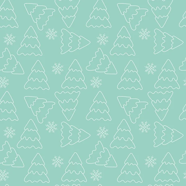 Vector seamless pattern. White outline of fir tree and falling snowflakes on a blue background. Design for fabric — Stock Vector