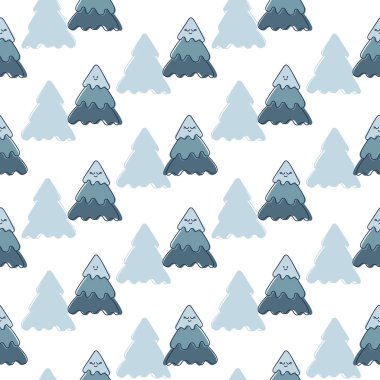 Kusursuz desen. Sevimli duygusal yüzleri ile Noel ağaçları. Kawaii. Yeni yıl afişi veya kartpostal. Şenlikli dekor, El çizilmiş vektör illüstrasyon