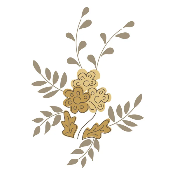 Małe bukiety prostych kwiatów i gałązek z liści. Płaska minimalistyczna konstrukcja retro. Zabytkowe pastelowe szlachetne kolory. Element do projektowania kart, zaproszeń — Wektor stockowy