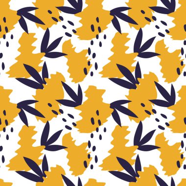 Vektör Dikişsiz desen. Soyut lekeler ve stilize bitkiler, parlak renkler. El çizilmiş çeşitli şekiller.