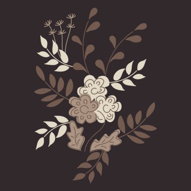 Küçük buketler basit çiçekler ve yaprakları ile dalları. Koyu arka planda düz minimal retro tasarım .