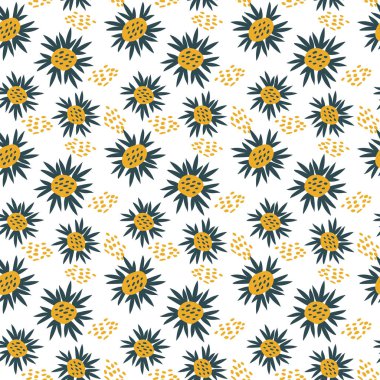 El çizilmiş Vektör Dikişsiz desen. Parlak çiçekler, beyaz arka planda ayçiçekleri. İskandinav minimalist tarzı