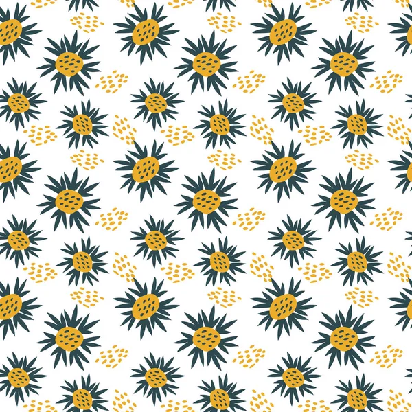 Padrão Vector sem costura desenhado à mão. Flores brilhantes, girassóis no fundo branco. Estilo minimalista escandinavo —  Vetores de Stock