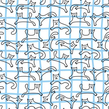 Sevimli kedi yavruları mavi ızgaraları bir arka plan üzerinde oynuyor. Elle çizilmiş hayvan. Çocuk tekstili, yatak takımları, duvar kağıtları, kapaklar, telefon kılıfları