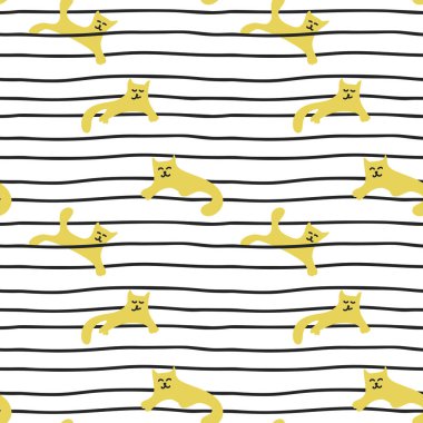 Çizgili arka plan üzerinde sevimli sarı kedi, el çizilmiş illüstrasyon. Çocuk kumaşı, giyim, kapaklar ve daha fazlası