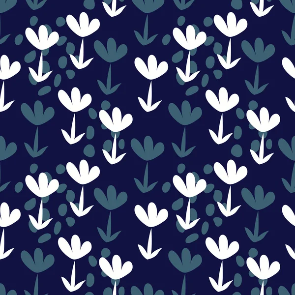 Fondo sin costura vectorial con flores dibujadas a mano, ilustraciones en blanco y azul botánico, elementos florales, fondo repetitivo en estilo escandinavo . — Archivo Imágenes Vectoriales