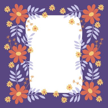 Çiçek çerçevesi. Basit çiçek ve yaprakları ile Vektör zarif çiçek düzenleme. Metin için alan.