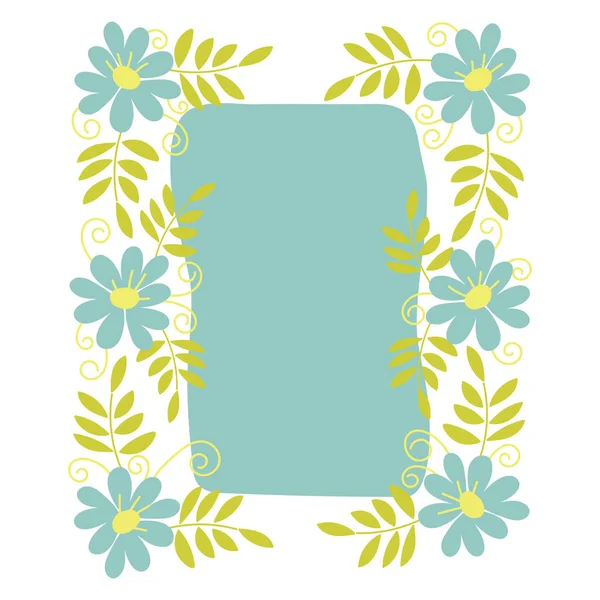 Quadro floral retangular desenhado à mão. Vector arranjo floral elegante com folhas verdes e flores azuis. Design para convite, casamento, cartões de felicitações, cartazes, impressões , —  Vetores de Stock