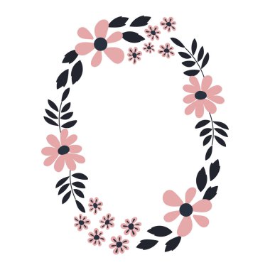 Yuvarlak çiçek çelenk . Mavi yaprakları ve pembe çiçekleri ile Vektör zarif çiçek aranjmanı. Davetiye, düğün, tebrik kartları, posterler, baskılar için tasarım