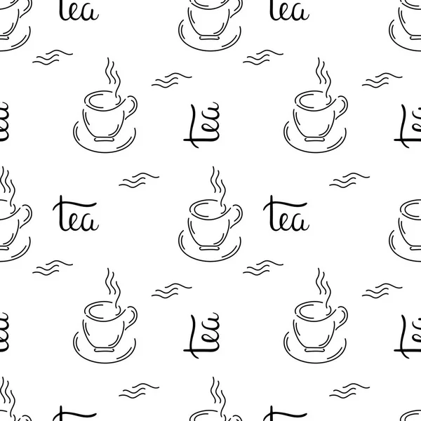 Бесшовный фон с чашкой чая ручной работы. Надпись Чай. Подходит для ткани, ткани, оберточной бумаги, меню — стоковый вектор