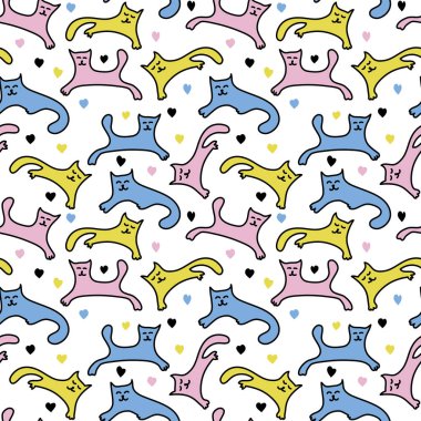 El çizilmiş Komik kedi yavruları oynuyor. Beyaz arka planda renk vektörü dikişsiz desen