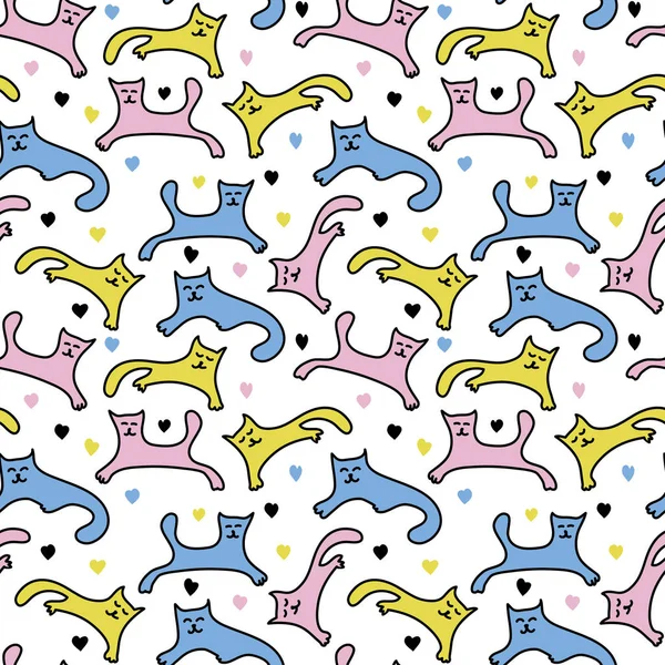 El çizilmiş Komik kedi yavruları oynuyor. Beyaz arka planda renk vektörü dikişsiz desen — Stok Vektör