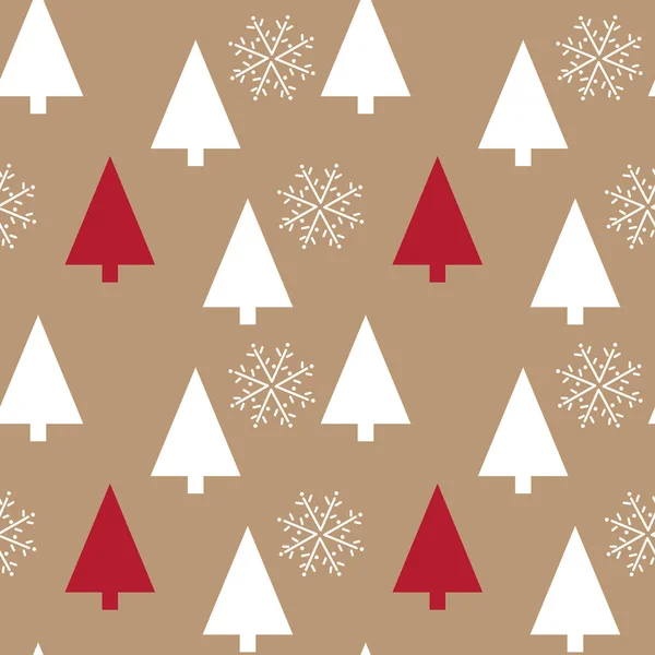 Bílé a rudé vánoční stromky na pozadí Kraft papíru. Ruční kreslení sněhové vločky, vektor s plynulou maskou. — Stockový vektor