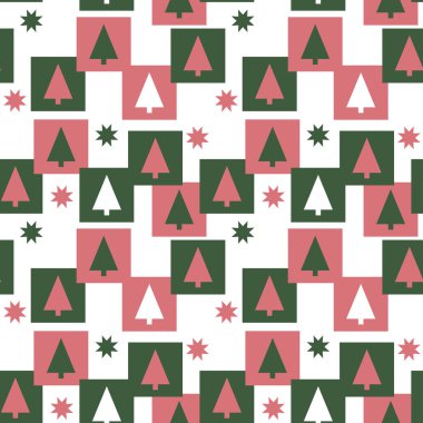 Vektör dikişsiz desen. Basit küçük Noel ağaçları, renkli kareler, beyaz arka plan üzerinde illüstrasyon