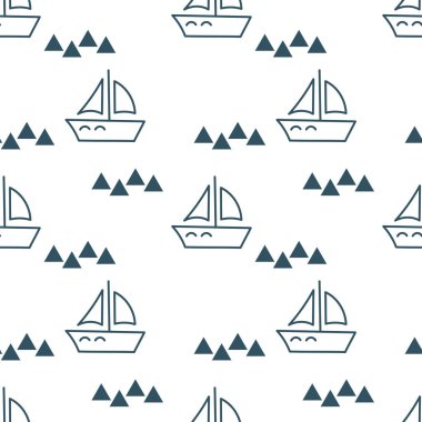 Yelkenli gemiler, yatlar ile dikişsiz arka plan . Düz el çizilmiş illüstrasyon