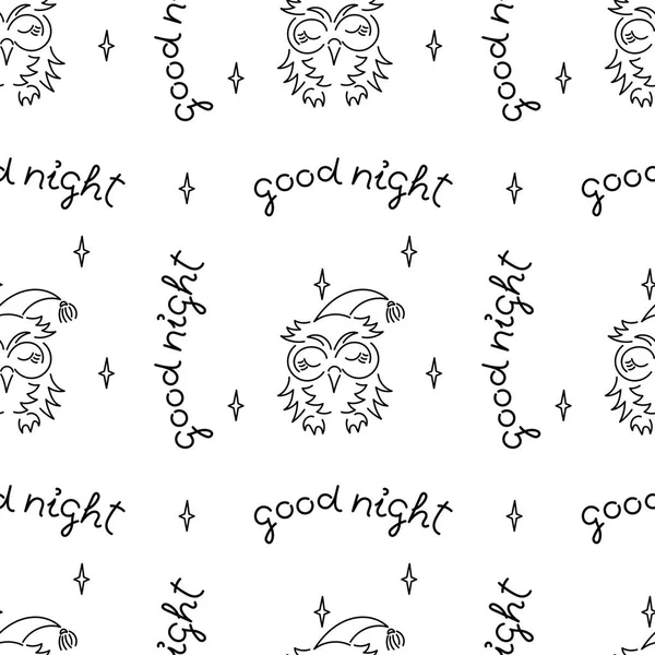 Ręczne napisy Dobranoc, słodka śpiąca sowo. Wektor bezszwowe tło — Wektor stockowy