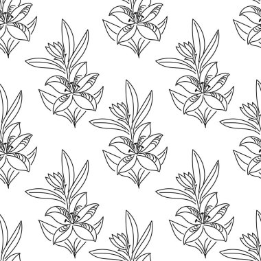 Kusursuz desen. Tomurcukları ve yaprakları ile elle çizilmiş zambaklar, vektör , kroki