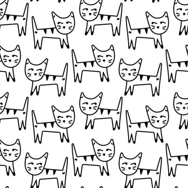 Şirin kedilerle kusursuz vektör deseni. Karalama tarzında el çizimi hayvanlar.