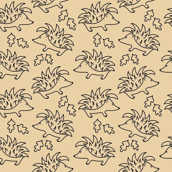 Lindos erizos y hojas de roble. Patrón sin costura vectorial, para la tela — Archivo Imágenes Vectoriales