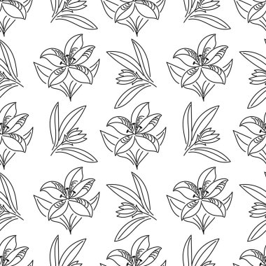 Kusursuz desen. Tomurcukları ve yaprakları olan el yapımı zambaklar, vektör çizimi