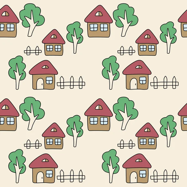 Lindo patrón de vectores sin costuras de dibujos animados. Casa dibujada a mano de bebé, arbusto, cerca, árbol. Ilustración gráfica de Doodle — Archivo Imágenes Vectoriales