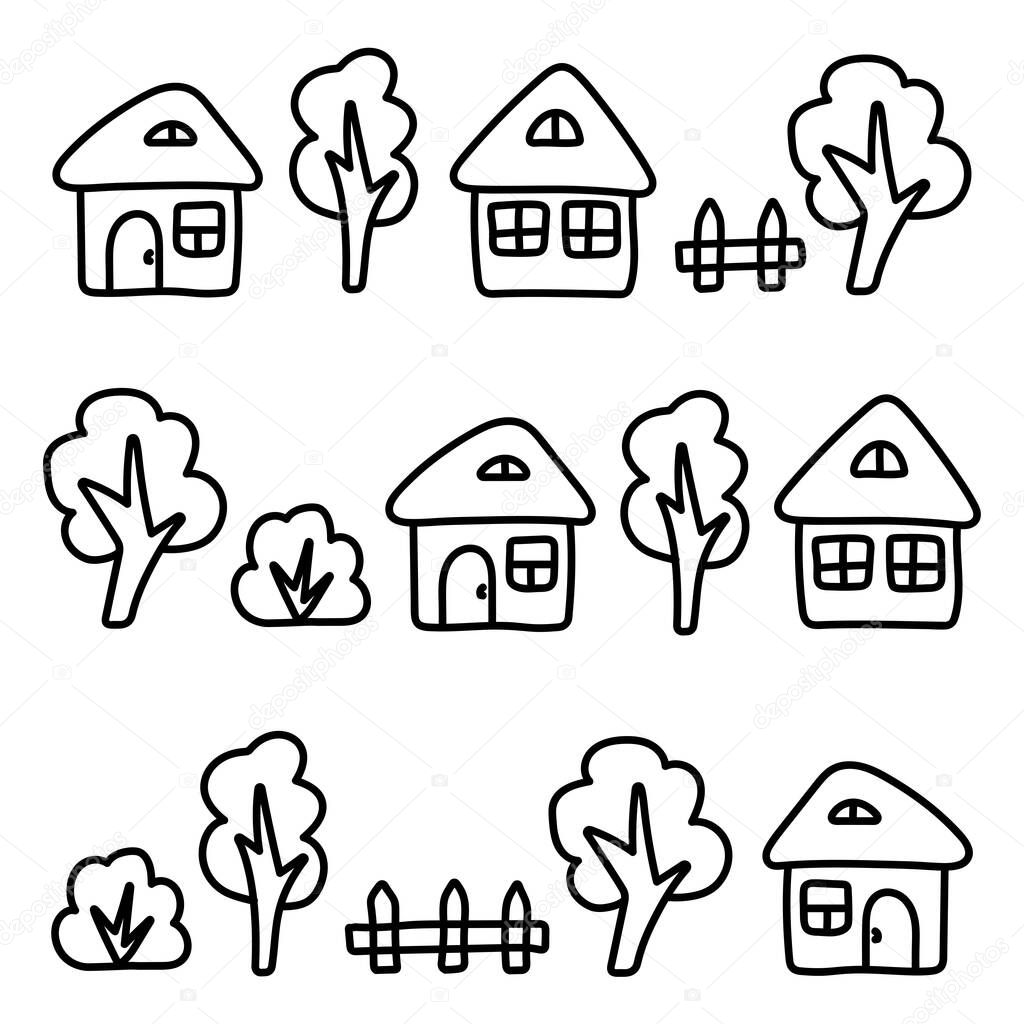 Coloring book for kids. Hand-drawn house, bush, fence, tree. Doodle graphic illustration