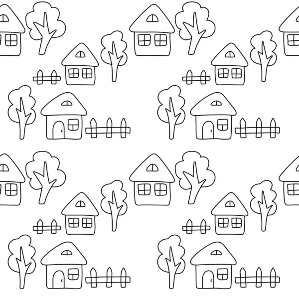 Śliczny wzór wektora bez szwu kreskówki. Dziecko ręcznie rysowane dom, krzak, ogrodzenie, drzewo. — Wektor stockowy
