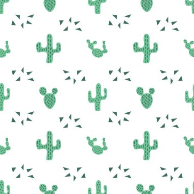 Elle çizilmiş kaktüsleri olan kusursuz vektör deseni. Kumaş için modern tasarım
