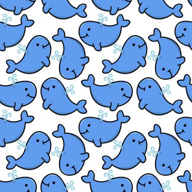 Çocuklar için beyaz arka planda mavi balinalı vektörsüz desen.