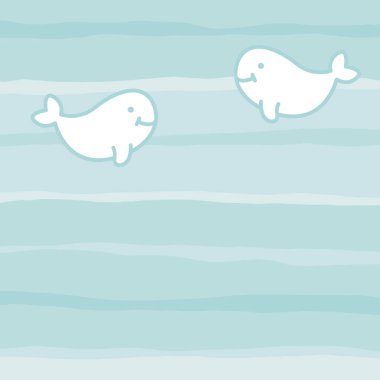 Deniz dalgalarına karşı iki sevimli beyaz balina. Şablon tasarım kartları, davetiyeler