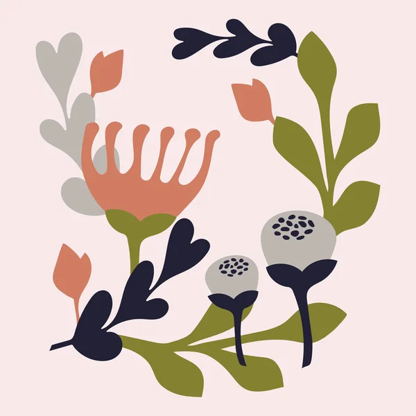 Ilustración botánica en estilo escandinavo, póster. Azul oscuro, gris claro, rosa melocotón — Archivo Imágenes Vectoriales