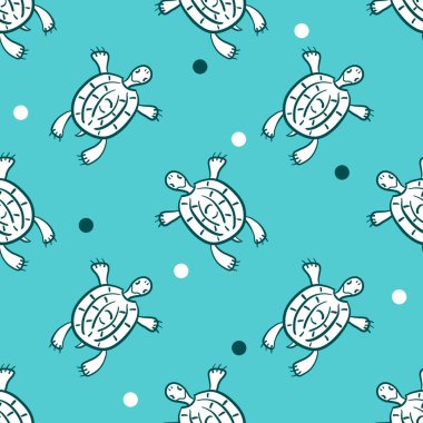 Mavi arkaplandaki komik kaplumbağanın çizimsiz çiziminin şirin vektör çizimi. Polka noktaları ve Doodle sürüngenleri. Kumaş, tekstil, kağıt, duvar kağıdı için el çizimi arkaplan