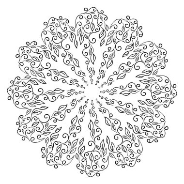 Çiçekli etnik mandala deseni. Yapraklı ve bukleli mandala, soyut yuvarlak süs. El çizimi çizimi. Beyaz arkaplanda yuvarlak botanik desen.